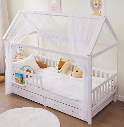ALAVYA HOME® Hausbett 90x200 mit Schublade, Matratze und 4-TLG DEKO Set Weiß, inkl. Buchablage Rausfallschutz und Lattenrost | Massivholz der Buche FSC zertifizierter Kinderbett 90x200 - Weiß