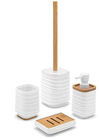 Inbagno Set Bagno Accessori Completo – 4 Pezzi, Kit Accessori appoggio in ABS e bambù, Include Dispenser, portaspazzolini, portasapone e scopino WC, Linea Wave (Set Completo)