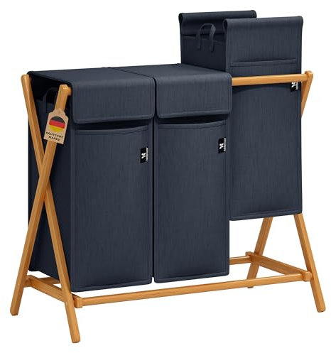 AdelDream Wäschekorb 3 Fächer 150L Bambus Wäschesammler Wäsche Sortiersystem X-förmige Wäschebox laundry baskets Wäschesortierer