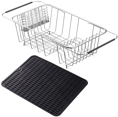 NiuYichee Stainless Steel Dish Drying Rack(15L x 8.3W x 4.2D), Expandable Fruit & Vegetable Drain Rack over Sink, Dish Drainer Rack in Sink, with Stainless Steel Utensil Holder & 16 Silicone Mat