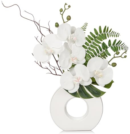Kunstpflanze Orchideen mit Keramik Donut Vase Künstliche Deko Blumen Kunstblumen Wie Echt Mit Real-Touch Blüten im Keramiktopf Tischdeko Fensterbank Deko, Höhe 41cm, Weiß