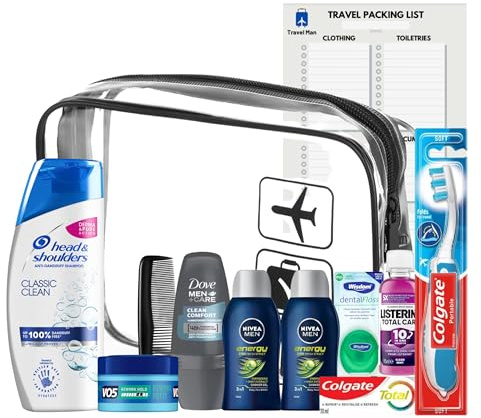 Kit de toilette de voyage pour homme – Mini trousse de toilette de voyage avec essentiels de voyage, liquides approuvés par l'aéroport et sac de voyage transparent avec liste de contrôle Travel Man