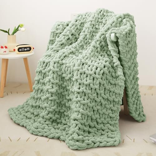 Decke Grob Gestrickte, Grobstrick-überwurf Strickwolle Dickes Garn, 100% Dicke Wolle Zum Handstricken Strickdecke, überwürfe Für Sofa Gestrickte Bettüberwurf-DeckenFürBetten, 127x152cm, Hellgrün