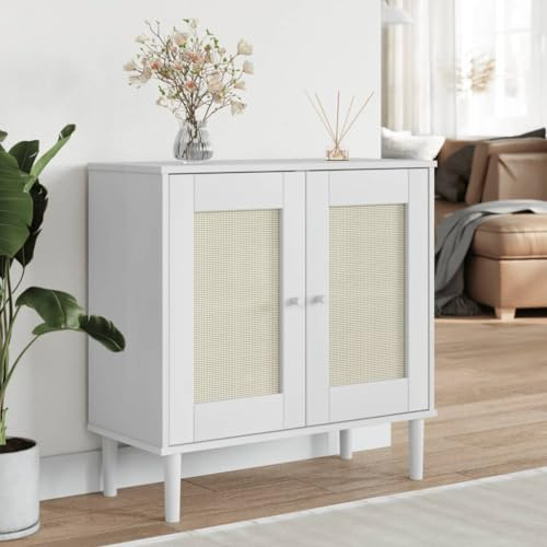 AUVYI Sideboard Rattan-Optik Weiß 80x35x80 cm Kiefernholz TV Board Badezimmerschrank Lowboard Wohnzimmer Wäscheschrank Küchenschrank Schuhregal Schmal Aktenschrank Bücherregal