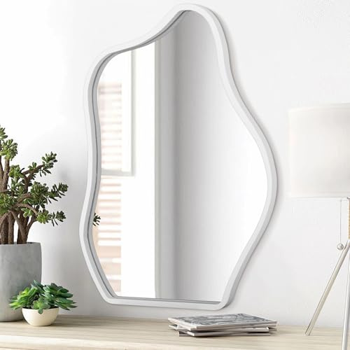 Lzuso Miroir Mural Suspendu Blanc à Cadre en Bois Irrégulier - Style Moderne Asymétrique à Vagues pour Chambre, Salon, Salle de Bain, Vanité, Xuanguan, Hall d'Entrée - Décoratif