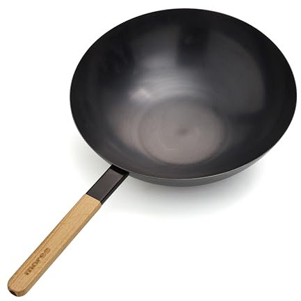 Morsø Vulcano Wok Pan – Wokpfanne mit rundem Boden, aus beschichtetem Karbonstahl, Zubehör für Vulcano Wok Burner, Pfanne mit langem Stiel aus Holz, 36 x 55,5 x 12 cm, Anthrazit