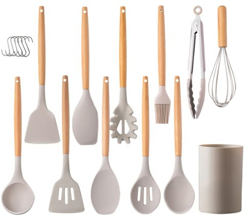 Küchenhelfer-Set 12-teilig Silikon-Kochutensilien-Set mit Holzgriff, hitzebeständig antihaftbeschichtet Kochgeschirr Zange Spatel Löffel-Set beste Küchenutensilien mit (Beige)