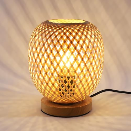 Pheashine Tischlampe Bambus,Tischleucht Dimmbar Sockel aus Holz Nachttischlampe E27 Fassung mit Kabel für Wohnzimmer Schlafzimme