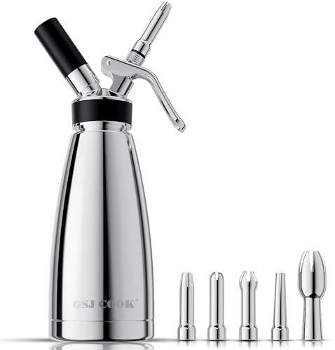 Whipped Cream Dispenser Stainless Steel Keep Warm and Cold,500mL/1 Pint Double Wall Thermos Whipped Cream Maker,5 Various Stainless Decorating Nozzles,1 Cleaning Brush,N2O Chargers NOT Included