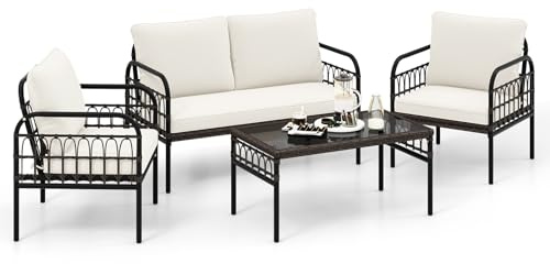 GIANTEX Gartenmöbel Set, Gartenlounge Outdoor Möbelsets, Garten Lounge Set Rattan, Sitzgruppe 4 Personen Tisch 2 Stühle Sitzbank, inkl. Kissen, Balkonmöbel Kleiner Balkon, Gartengarnitur Sitzgruppe