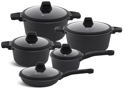 Edenberg Juego de 10 cacerolas con sartén, tapa de cristal, ollas y sartenes revestidas, juego de tapones de inducción, utensilios de cocina de inducción EB-5649 HIT