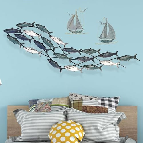 Wanddekoration aus Metall, Fisch, 3D-Fischschwarm, Ozean, Schiff und Fisch, Wandskulpturen, Boot, hängendes Ornament für Wohnzimmer, Schlafzimmer