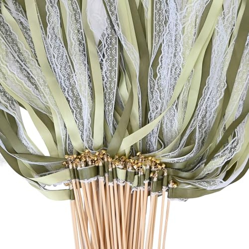 Whemyreat 50 Stück Grün Wedding Wands mit Glocke,Romantic Spitze Stäbe mit Hochzeitsbändern,Zauberstäbe Hochzeit Luftschlangen,Gastgeschenke,Seidenfeenstab,für Hochzeiten Feiertagsfeiern Partys