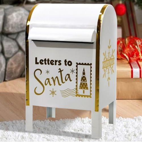 BAKAJI Boîte aux lettres pour lettre de père Noël blanc et or, décoration de Noël, trou pour lettres porticina et décorations de Noël à relief, décoration de Noël maison, 28,5 x 26,5 x 52 cm