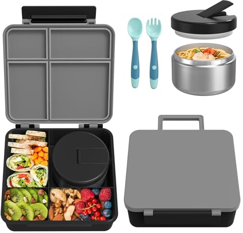 Itslife Brotdose Kinder mit 4 Fächern Set mit 300ml Thermobehälter für Essen, Auslaufsicher Bento Box, BPA-Freie, Lunchbox für Kinder, Erwachsen, Ausflüge (Grau)