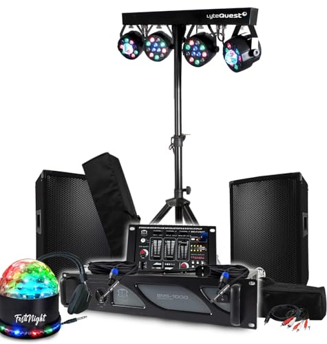 Bmsonic DJ BM Verstärker 1000 W, 2 Lautsprecher 600 W, Mischpult, 2 Lichtspiele, LED-Beleuchtung