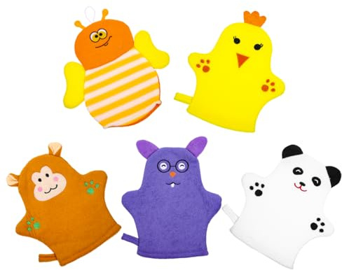 VICASKY 5 Stück-pack Babywaschhandschuhe aus Baumwolle Sanftes Peeling und Starke Reinigungswirkung Niedliches Obst Design für Babys und Kinder Beim Baden Zufälliger Stil
