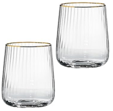 Supercap - Lot de 2 flûtes à champagne sans pied soufflées à la main avec bord doré, verres en cristal pour vin pétillant et champagne, rayures verticales, transparents, 500 ml