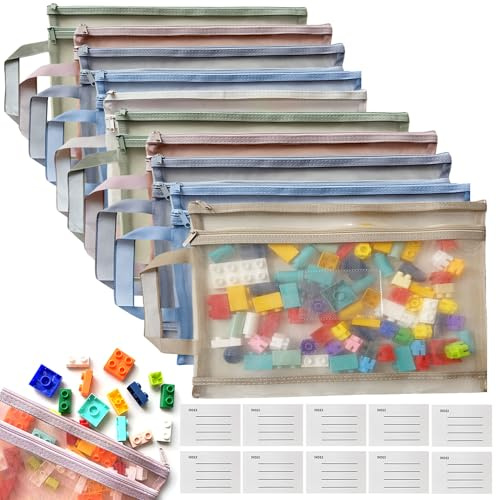 Colored Mesh Zipper Pouch Bags - 10PCS A4 Double-Layer Nylon Puzzle Building Block Sets Toy Storage & Organization For Lego, Breathable Through Zipper Pouch with Handle Pocket for School Office Games