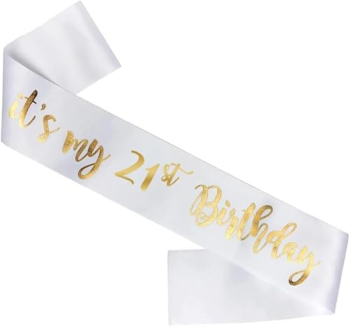 Happium Écharpe d'anniversaire en satin avec inscription « It's My 21st Birthday » pour anniversaire de 21 ans, décoration de fête, écharpe en satin doré sur blanc