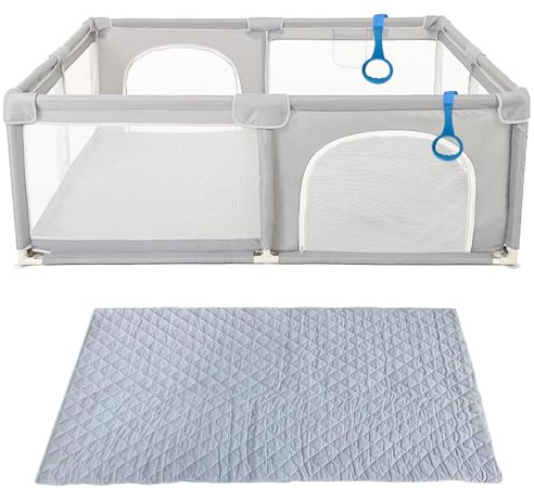 homewell Laufgitter Baby 150 * 200cm, Laufstall Baby, 210T dickes Oxford-Gewebe, Playpen, Kinderlaufstall 2 Seitliche Eingänge mit einem Reißverschluss, Grau