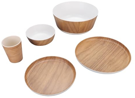 HEEPDD Ensemble de Vaisselle en Mélamine à Grains en Bois, Plat Terne Robuste avec Plateau de Service, Idéal pour les Repas Intérieurs et Extérieurs