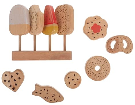 LRXIYODE Holz Eiscreme Spielset mit Sockel Kinderfreundlich Glatte Oberfläche Robustes Holzspielzeug für Rollenspiele Kinderküche Zubehör Pretend Play EIS Modell Set