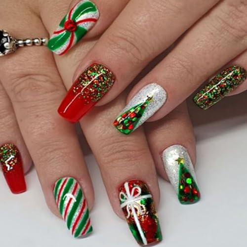 Ceboic 24 Pièces Noël Faux Ongles Cercueil Moyen, Glitter Sapin de Noël Capsules Ongles, Rayures Rouge Vert Ongles à Coller avec Autocollants Adhesif, Acrylique Ballerine Press on Nails pour Femme