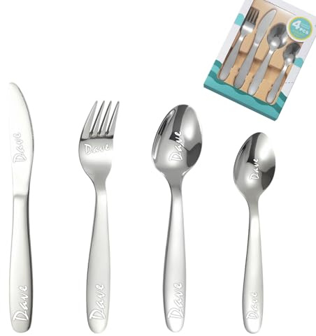 custyoulife Custom Engraved Cutlery Set, 1 Set of 4 Pieces, Stainless Steel, Modern, Rainbow, Flatware, Personalized Adult Cutlery Set, Fork, Knife, Spoon, Teaspoon (Silver Children's Cutlery)