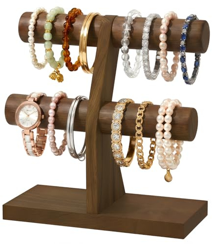 MODOWEY Bracelet Stand Holder Bangle Display for Selling, 2 Tier Wooden T Bar Organizer Rack for Vendors Women Storage Necklace Watch, Desktop Vertical Jewellery Tree for Home Business, Brown