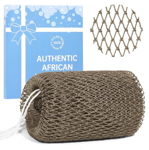 MuiiuM African Net Sponge Authentic with Knots, Colourfast Exfoliating Bath Sponge, Strong Mesh Body and Back Scrubber, Quick Dry Shower Net, 30+ Colours for Women Men(Light Brown)