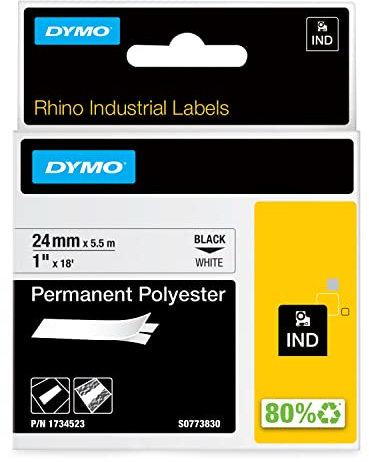 DYMO Rhino Industrie Permanente Polyesteretiketten | 24 mm x 5,5 m | Schwarz auf Weiß | selbstklebendes Schriftband | für DYMO Rhino und LabelManager Beschriftungsgerät