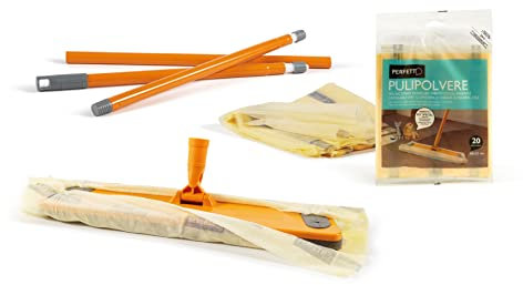 Perfetto 0027As Il Pulipolvere Scopa Pavimenti con Manico 3 Pezzi Cm 130, Base 40 Cm, Cattura Polvere, con Busta 20 Retine Imbevute di Oli Minerali Trattieni Polvere Biodegradabili