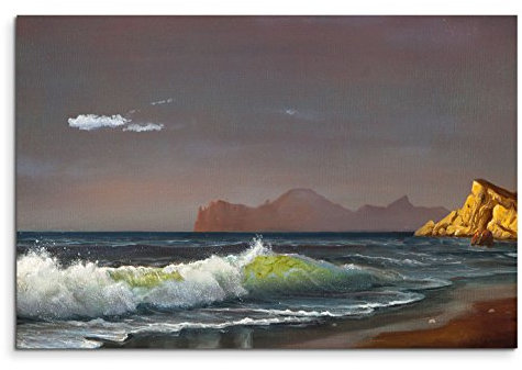 120x80cm Leinwandbild auf Keilrahmen Ölgemälde Meer Strand Felsen Sonnenuntergang Wandbild auf Leinwand als Panorama