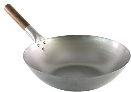 Wok tradizionale in acciaio al carbonio - Qualità professionale - Fondo piatto - Manico in legno - Ø 30 cm