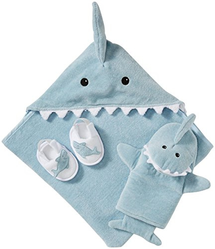 Baby Shark 4-Piece Bath Set - Cotton Hooded Towel Bathrobe, Slippers & Bathing Mitt - Soft Beach Newborn Towels, Babies Bath Essentials, Newborn Baby Boy Gift, Shark-Themed Shower Gift