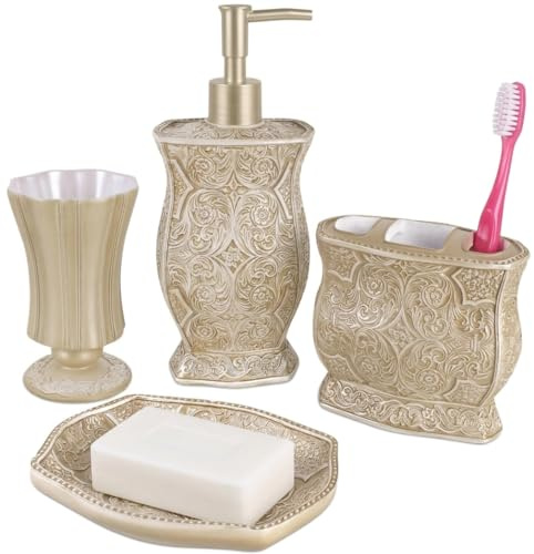 Creative Scents Victoria Beige Bathroom Accessories Set - Decorative Bathroom Accessory Set - 4 Piece Bathroom Set Features: Soap Dispenser, Toothbrush Holder, Tumbler, and Soap Dish