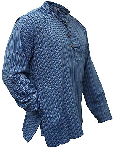 SHOPOHOLIC FASHION Multicolore Mix Dharke Rayures Confortable Léger Manches Longues Traditionnel Grand-Père, Chemise Hippie Boho, S M L XL XXL XXXL - N. Bleu, 3XL