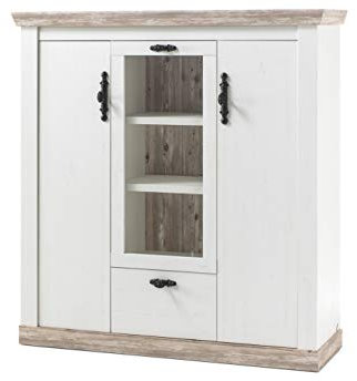 Newfurn Highboard Sideboard Landhaus Kommode Standschrank Hochschrank II 140x146x 44 cm (BxHxT) II [Amelie.Ten] in Pinie Weiß/Pinie Weiß Wohnzimmer Schlafzimmer Esszimmer