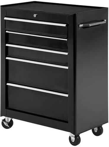 HOMCOM 5-Drawer Lockable Steel Tool Storage Cabinet with Wheels Handle 2 Keys Organisation Box Unit Chest Garage DIY Workshop Trolley Black
