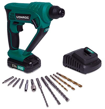VONROC Martello perforatore VPOWER 20V 1.3 Joule - SDS plus. Include una batteria da 2.0Ah, caricabatterie, accessori e borsa degli attrezzi