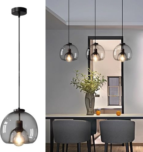 Lampada a Sospensione in Vetro Vintage, Lampadario da Soffitto Cucina E27, Paralume Vetro Trasparente Nero, Bianco Caldo 3000K Altezza Regolabile per Camera da Letto, Sala Da Pranzo, Kitchen, Ø 20 cm