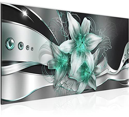 Runa Art Wandbild Blumen Lilien 1 Teilig 100 x 40 cm Modern Bild auf Vlies Leinwand Abstrakt Wohnzimmer Schwarz Türkis 039612b