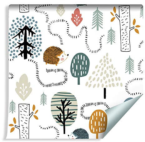 Muralo Självhäftande tapeter rullar barn skog träd igelkott blad stam grenar väg 1000 x 50 cm tapet för barnrum lekrum