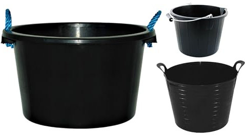 TENLITE [SET OF 3] - 26L Flexi Tub + 3 Gallon Bucket + 45L Tub/Bucket With Rope Handles | Garden Home Storage Container | Plaster Mixing Cement Muck Water Heavy Duty Bucket - (Black)