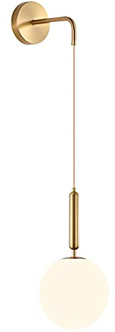 ZTTECH 150 mm Weißes Glaskugel & Gold Metall Wandleuchten Lampe Drop Wandleuchte für Nachttisch (Weißes Glas & goldfarbenes Metall, 1er-Pack)