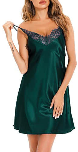 Wikoan Kvinnors Sidenklädsel med Justerbara Axelband Chemise Slip Sexig Underkläder Slits V-hals Babydoll, S