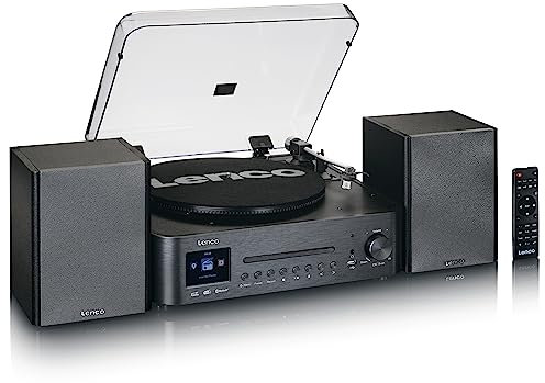 Lenco MC-460 Plattenspieler mit DAB+ Empfänger und Internet/FM Radio - Turntable mit CD-Player und Bluetooth - 2 x 20 Watt RMS Lautsprecher - Schwarz