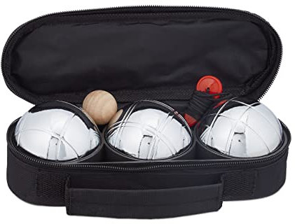 Relaxdays Boule Kugeln, 3 Metall Kugeln, Set mit Zielkugel & Abstandsmesser, Tragetasche, Boccia Spiel, silber/ schwarz