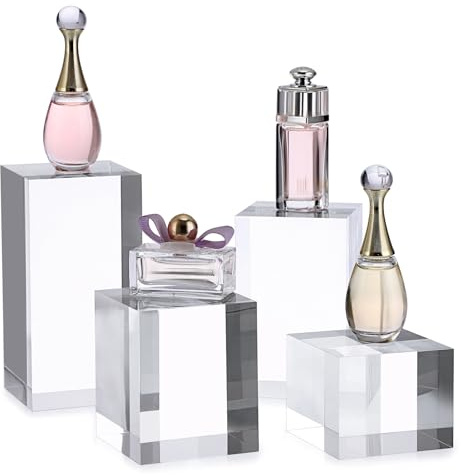 SUMTree 4 Stück Quadrat Display-Ständer aus Transparenter Acryl für Parfum Armband Armbanduhr Ohrring Fotografische Requisiten Dekoration 5 * 5 * 4/6/8/10cm